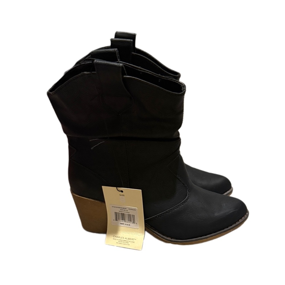 Charles Albert Black Ankle Heeled Western Boots with Brown Heel